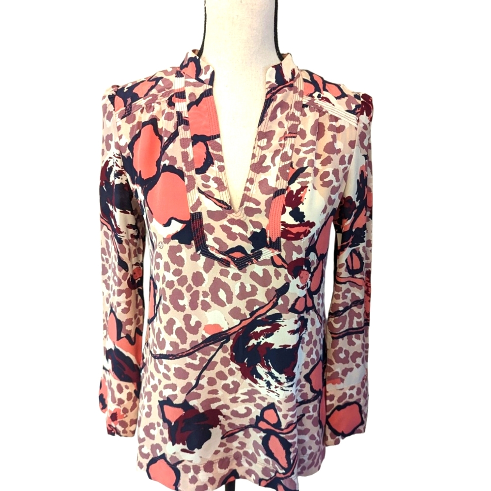 Tory Burch Leopard Floral Print Silk Tunic in pink and purple. Size 2